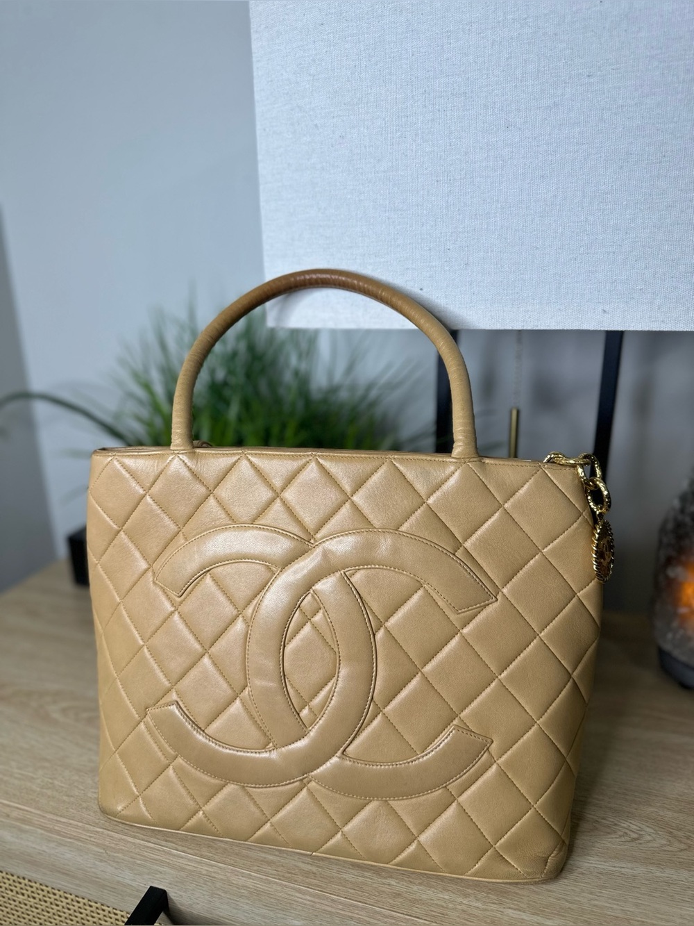 Authentic Chanel Medallion Tote Beige Lambskin Leather Vintage CC Bag